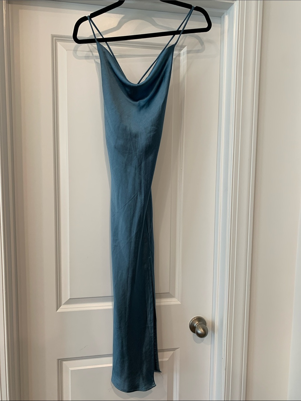 Satin Cowl Neck Maxi Dress in Slate Blue